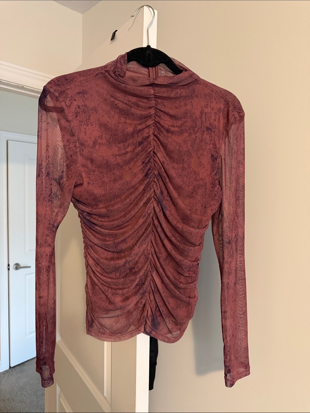 Zara Ruched Sheer Long-Sleeve Top in Dusty Mauve